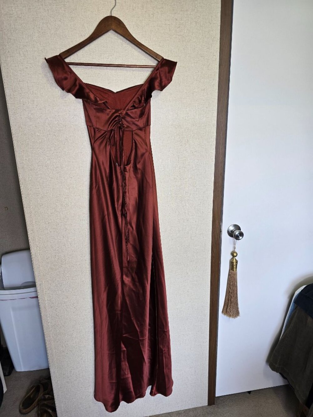 Lulus Small Rust Red Exuberant Luxury Satin Ruffled Lace Up Maxi Dress - Picture 8 of 8